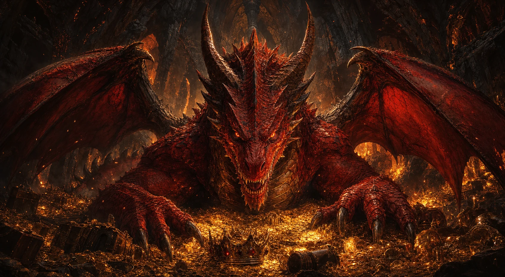 A colossal red dragon guarding a mountain of treasure