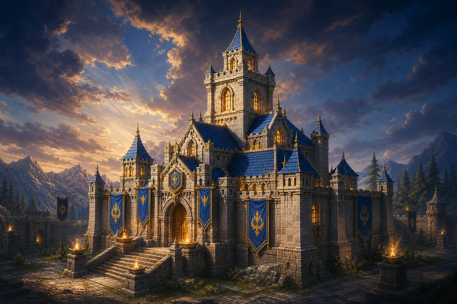 A fortified royal town hall at sunset